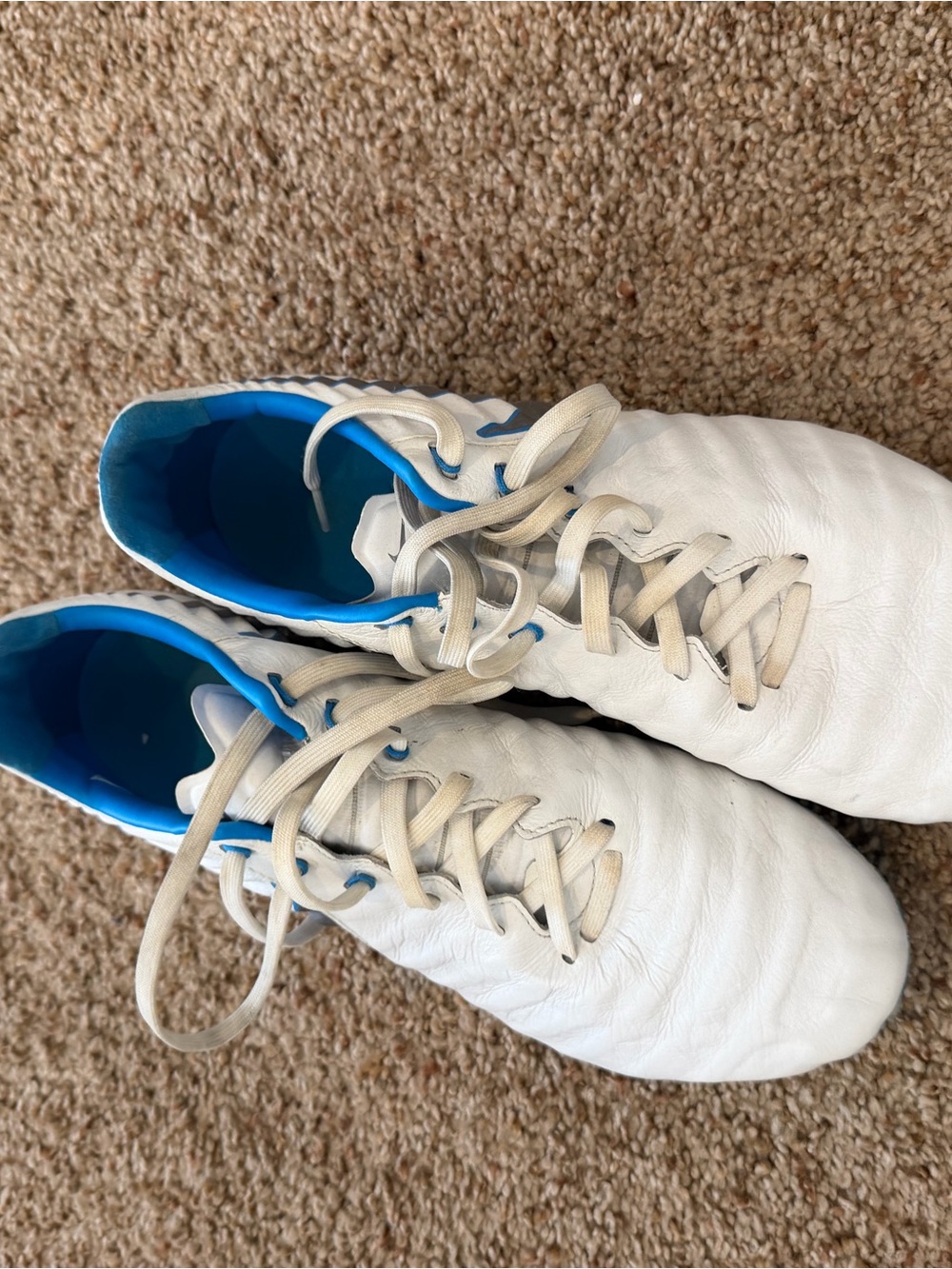 Nike Tiempo White Soccer Cleats with Bright Blue Interior